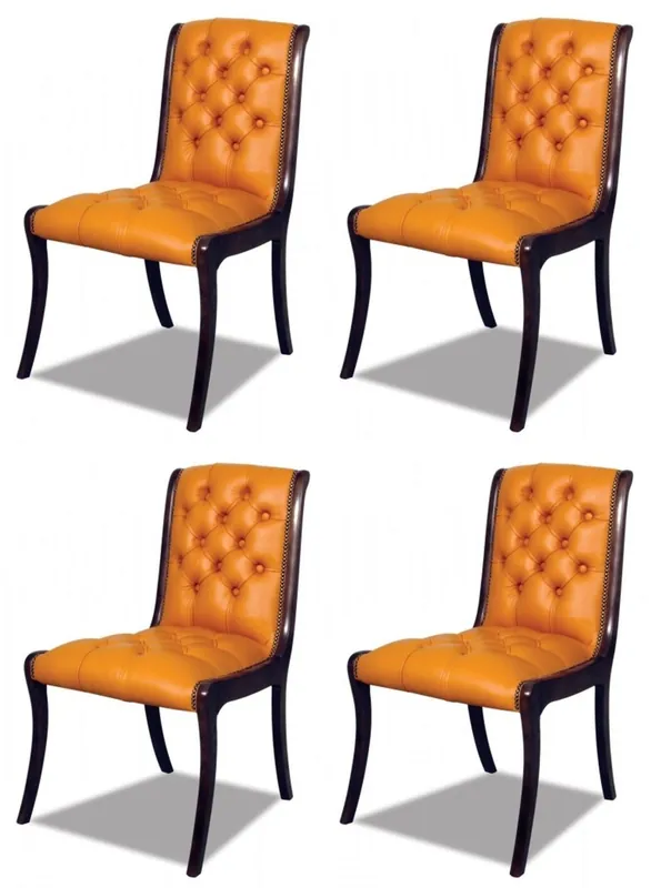 Casa Padrino Luxury Chesterfield Leather Dining Chair Set of 4 Orange / Dark Brown 50 x 47 x H. 95 cm - Chesterfield Genuine Leather Kitchen Chairs - Luxury Chesterfield Leather Furniture Markenware