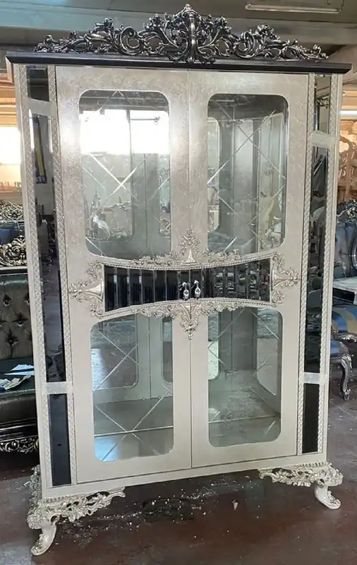 Rabatt Casa Padrino luxury baroque display cabinet cream / silver / gray / gold - Handmade solid wood showcase with 2 glass doors - Luxury furniture in baroque style - Baroque furniture