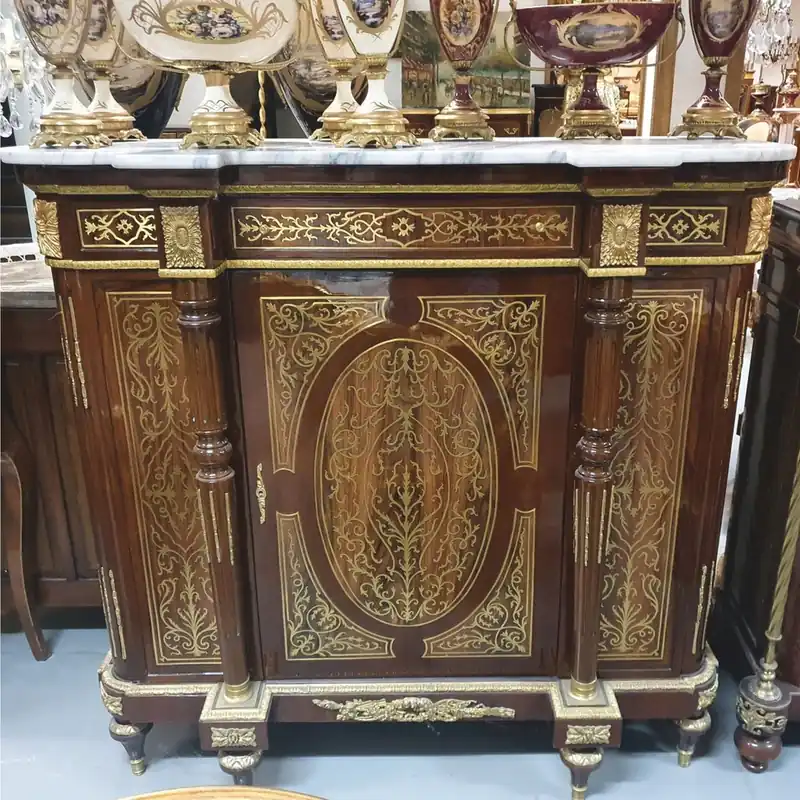 Casa Padrino Baroque Boulle chest of drawers Brown / Gold with white marble top 130 cm - furniture cabinet sideboard Beliebt