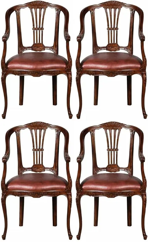 Ausverkauf Casa Padrino luxury baroque leather dining room chair set of 4 with armrests brown - Magnificent baroque style genuine leather kitchen chairs - Luxury baroque dining room furniture