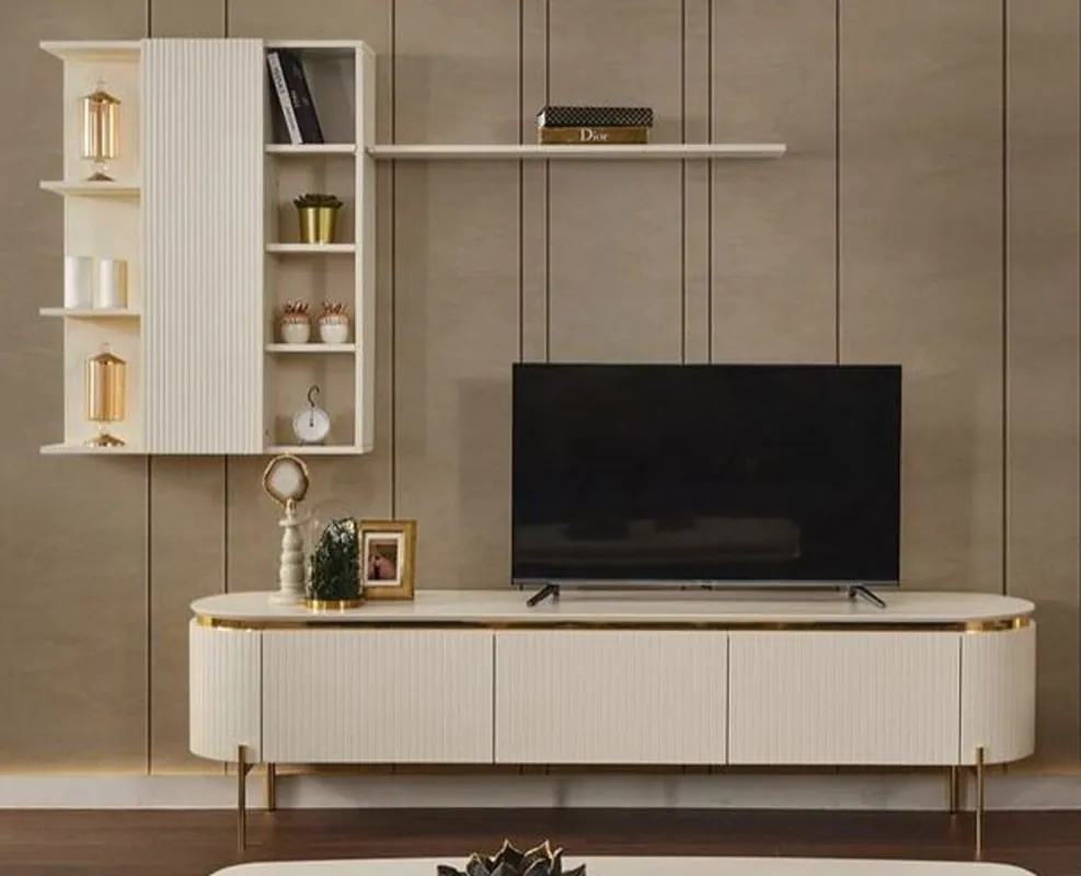Casa Padrino luxury TV cabinet set white / gold - Living room sideboard with wall cabinet - Living room furniture - Hotel furniture - Luxury furniture Markenprodukt