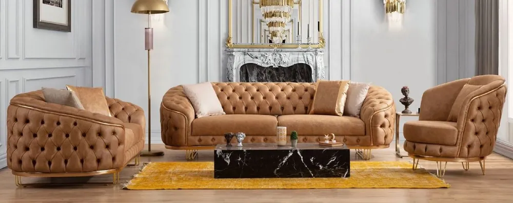 Zertifiziert Casa Padrino Luxury Chesterfield Living Room Set Vintage Brown / Brass - 2 Luxury Chesterfield Sofas & 2 Luxury Chesterfield Armchairs - Living Room Furniture - Luxury Chesterfield Furniture
