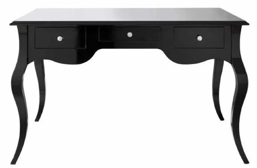 Highlight Casa Padrino luxury baroque secretary with 3 drawers high gloss black 130 x 75 x H. 80 cm - Solid wood desk in baroque style - Baroque office furniture - Luxury furniture in baroque style