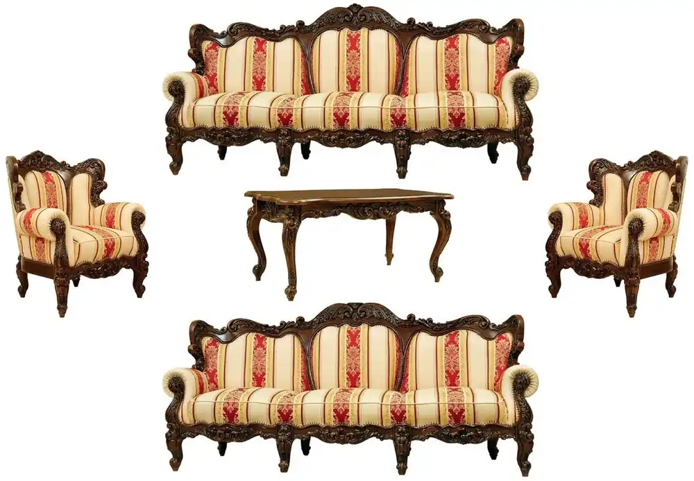 Direkt Vom Hersteller Casa Padrino luxury baroque living room set cream / yellow / red / dark brown - 2 Baroque Sofas & 2 Baroque Armchairs & 1 Baroque Coffee Table - Handmade baroque living room furniture