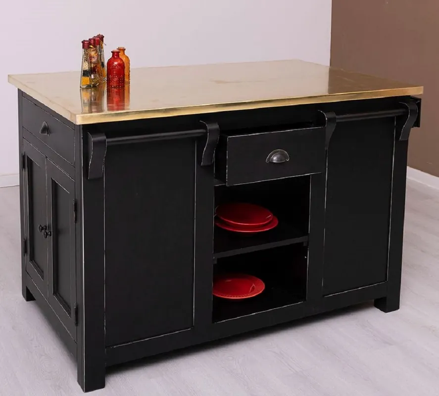 Casa Padrino country style shabby chic kitchen island with galvanized table top antique black / gold 135 x 85 x H. 90 cm - Dining room cabinet - Dining room furniture in country style Must-Have