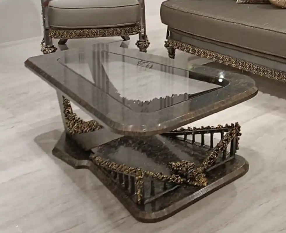 Casa Padrino luxury baroque coffee table with glass top gray / gold - Rectangular baroque style solid wood living room table - Baroque furniture - Luxury furniture in baroque style Versand Am Gleichen Tag