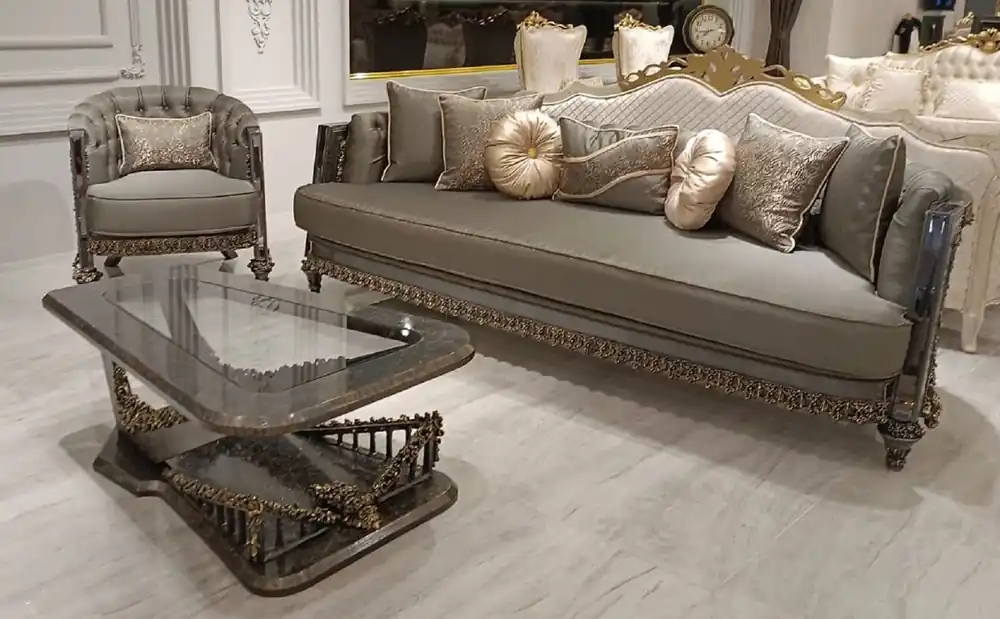 Günstig Casa Padrino luxury baroque living room set gray / gold - 2 Baroque Sofas & 2 Baroque Armchairs & 1 Baroque Coffee Table with Glass Top - Handmade luxury living room furniture in baroque style