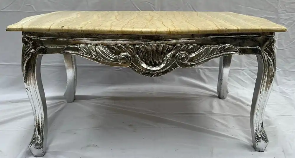 Sale Casa Padrino baroque coffee table silver / cream - Rectangular solid wood living room table with marble top - Baroque style living room furniture - Baroque furniture - Antique style furniture