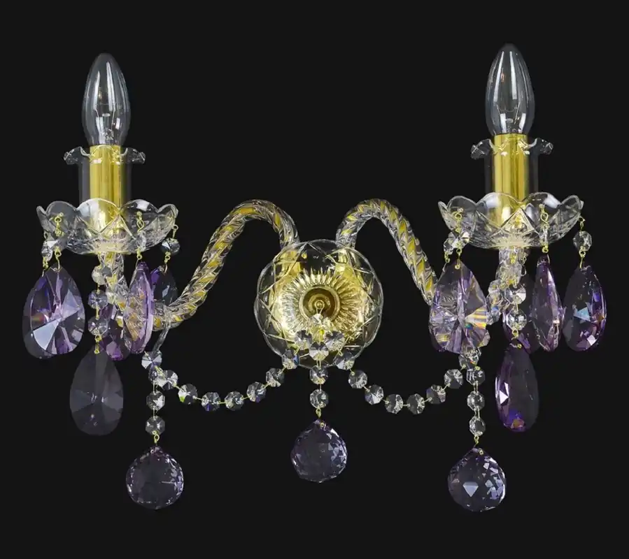 Casa Padrino luxury baroque double wall lamp gold / purple 38 x 20 x H. 26 cm - Baroque style wall lamp with crystal hangings - Baroque lights - Noble & magnificent Letzte Chance