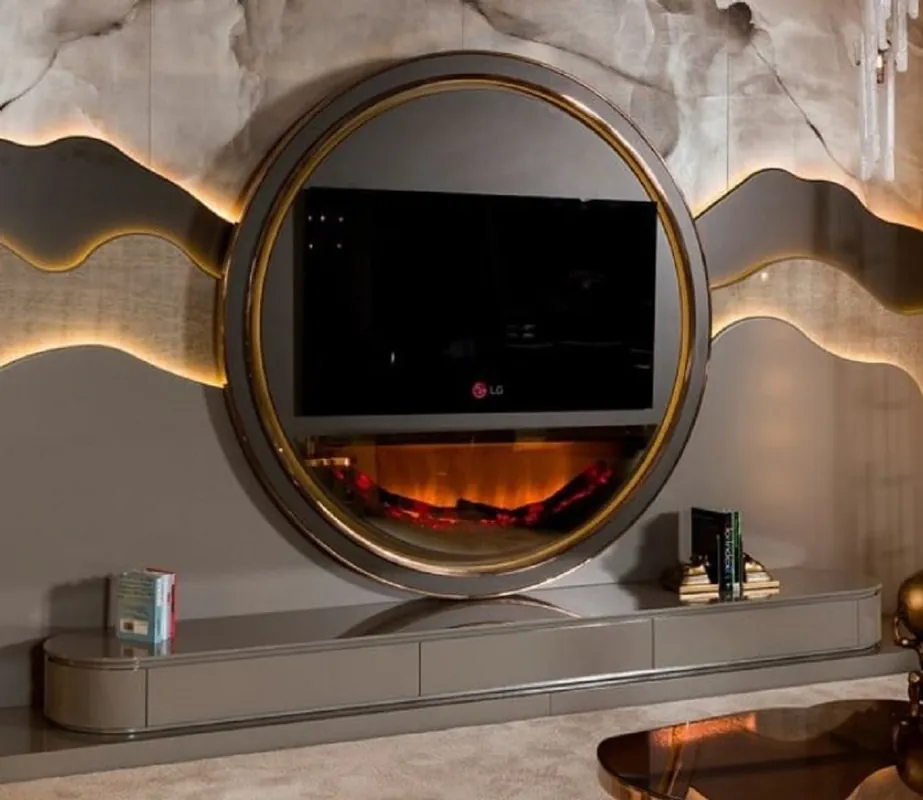 Knallerangebot Casa Padrino luxury TV cabinet set gray / gold - Living room sideboard with LED fireplace - Living room furniture - Hotel furniture - Luxury furniture