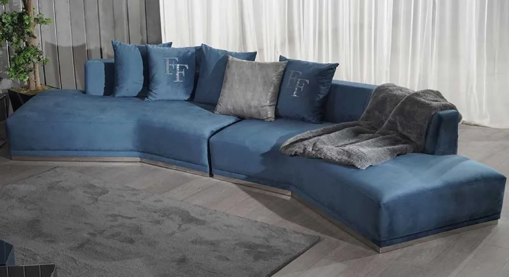 Sonderangebot Casa Padrino luxury sofa blue / silver 480 x 100 x H. 70 cm - Curved living room sofa - Hotel sofa - Living room furniture - Hotel furniture - Luxury furniture - Luxury furnishings