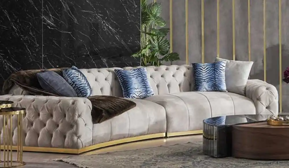 Echt Casa Padrino luxury Chesterfield sofa gray / gold 380 x 100 x H. 72 cm - Curved living room sofa - Hotel sofa - Living room furniture - Chesterfield furniture - Luxury furniture