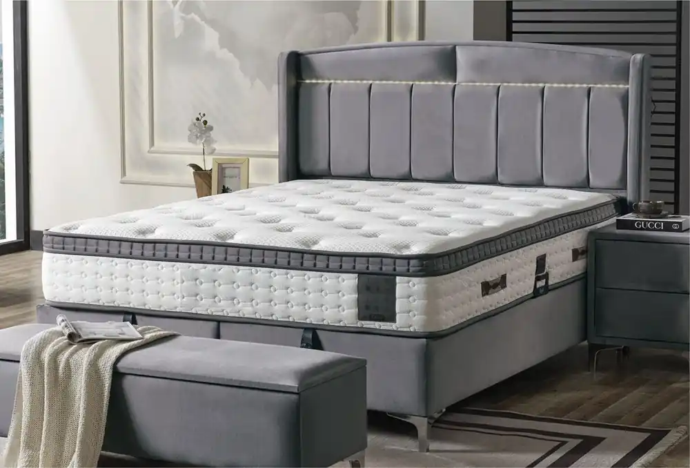 Casa Padrino luxury double bed gray / white / silver 180 x 200 cm - Solid wood bed with LED lighting and mattress - Bedroom furniture - Hotel furniture - Luxury furniture - Luxury interior Super-Preis