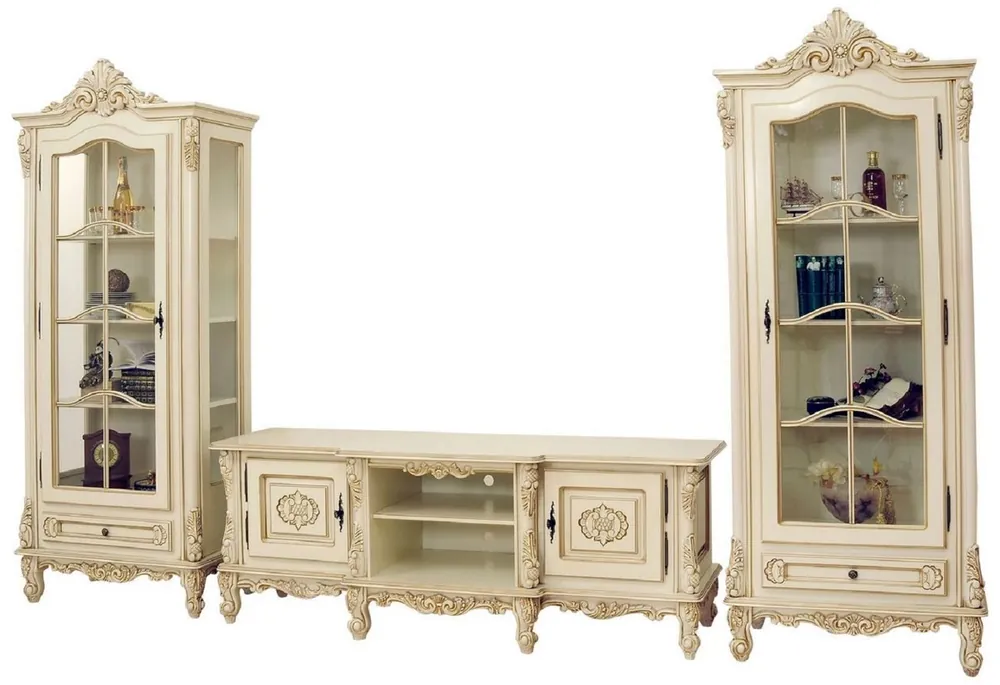 Zertifiziert Casa Padrino Luxury Baroque Living Room Set Cream / Beige - 1 Baroque TV Cabinet & 2 Baroque Display Cabinets - Luxury Living Room Furniture in Baroque Style - Baroque Furniture