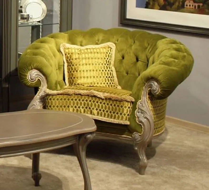 Casa Padrino luxury baroque living room armchair green / gray - Handmade baroque style armchair - Magnificent luxury living room furniture in baroque style - Baroque furniture Sonderaktion