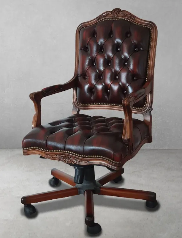 Casa Padrino luxury baroque Chesterfield leather desk chair wine red / brown / black - Height adjustable baroque office chair with high quality genuine leather - Baroque office furniture Versand Am Gleichen Tag