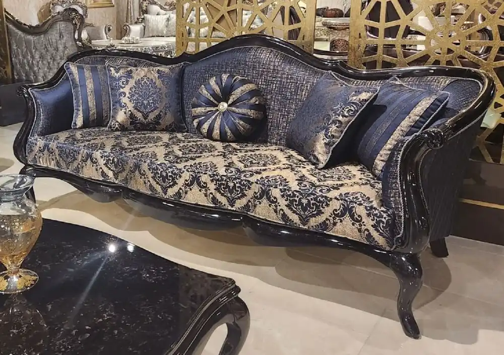 Top-Seller Casa Padrino luxury baroque living room sofa with pattern gold / blue / black - Handmade baroque style sofa - Luxury living room furniture in baroque style - Baroque furniture