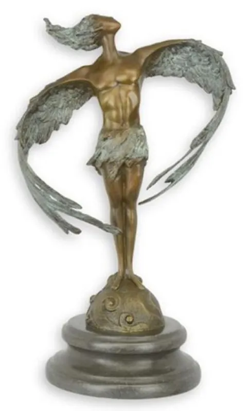 Geprüft Casa Padrino luxury Art Nouveau bronze decorative sculpture man with wings bronze / turquoise / black 13.8 x 18.7 x H. 31.7 cm - Bronze figure with marble base - Art Nouveau bronze sculptures