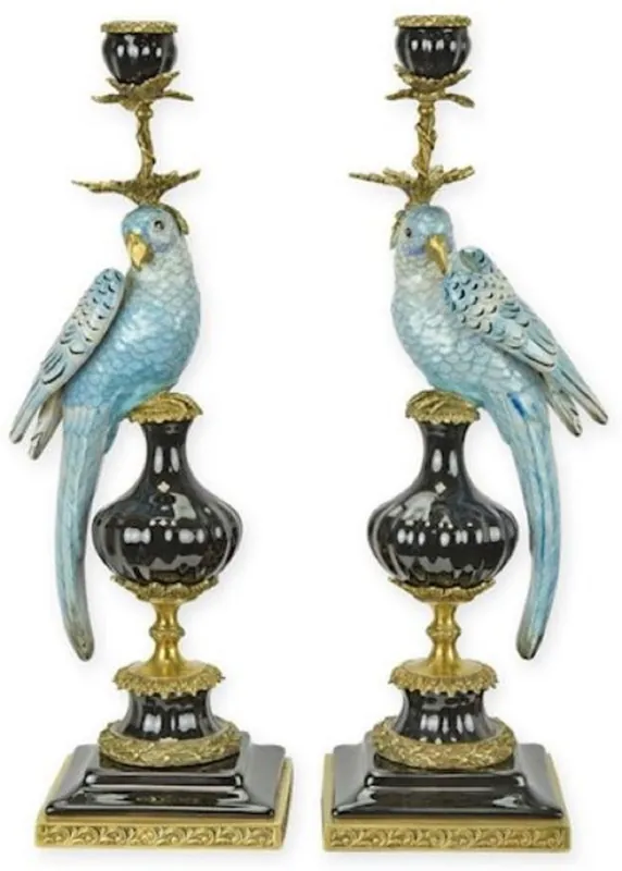 Casa Padrino luxury Art Nouveau candle holder set parrots blue / black / brass 16.1 x 12.8 x H. 48 cm - Porcelain candlesticks - Hotel & Restaurant accessories - Baroque & Art Nouveau accessories Top-Seller