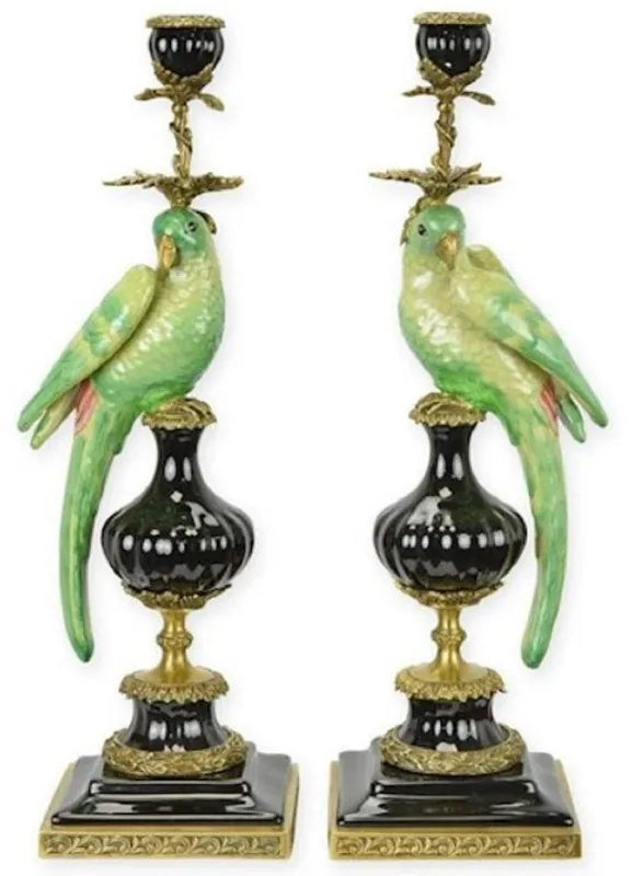 Nur Für Kurze Zeit Casa Padrino luxury Art Nouveau candle holder set parrots green / black / brass 16.1 x 12.8 x H. 48 cm - Porcelain candlesticks - Hotel & Restaurant accessories - Baroque & Art Nouveau accessories