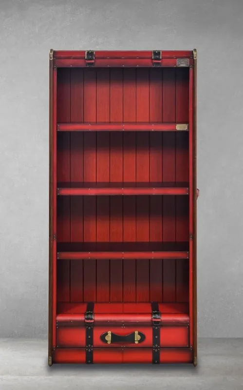 Ausverkauf Casa Padrino luxury shelf cabinet in suitcase optics red / black / brown / brass 84 x 35 x H. 187.5 cm - Solid wood cabinet with genuine leather - Luxury furniture in suitcase optics