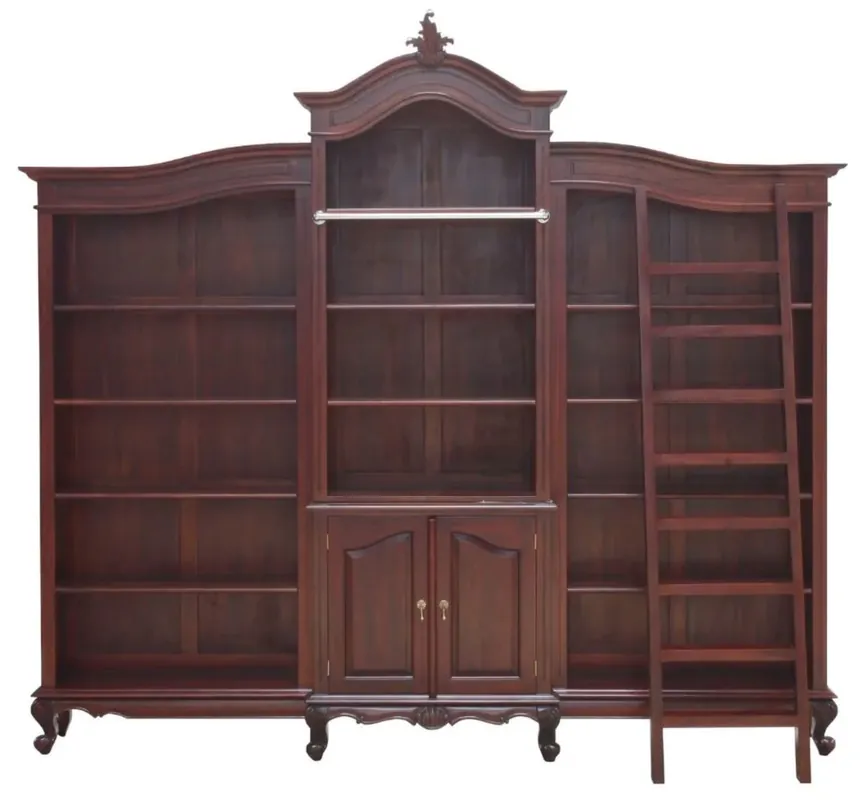 Casa Padrino Luxury Baroque Mahogany Bookcase Dark Brown 280 x 47 x H. 245 cm - Magnificent Baroque Style Cabinet with Ladder - Baroque Office Furniture - Noble & Magnificent Sonderaktion