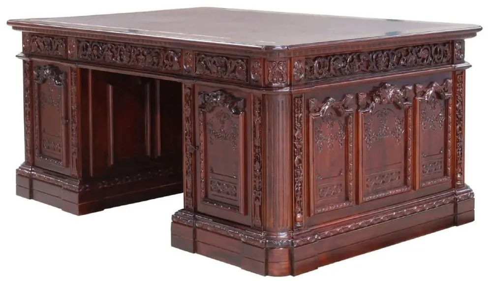 Casa Padrino Luxury Baroque Mahogany Desk Dark Brown / Brown 185 x 125 x H. 83 cm - Magnificent Baroque Style Solid Wood Office Table - Mahogany Office Furniture - Baroque Office Furniture Sale