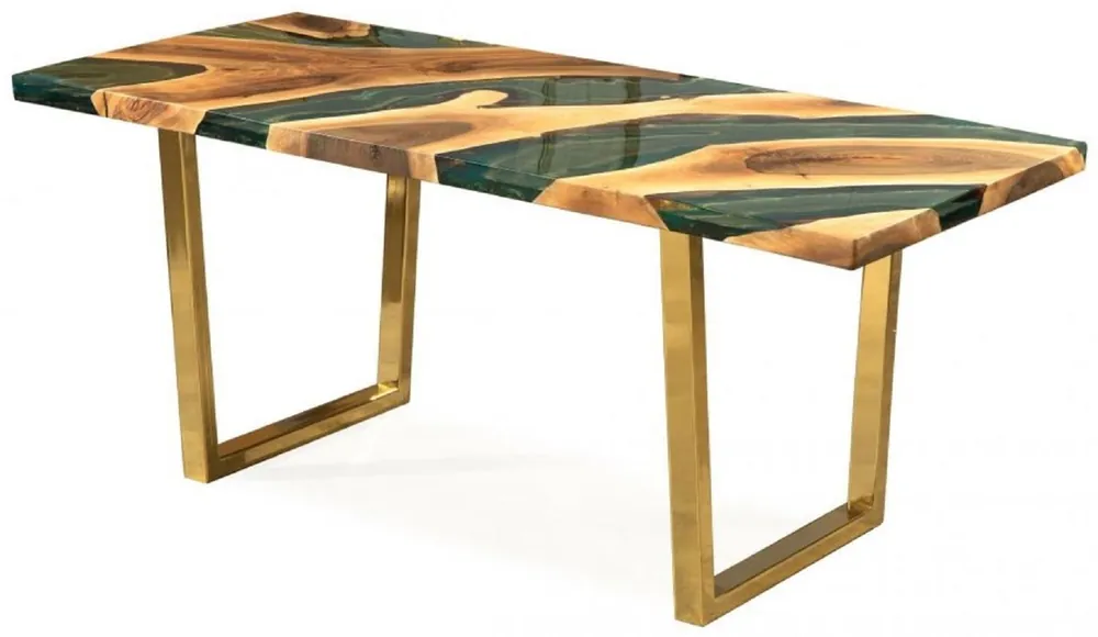Casa Padrino luxury dining table natural / brown / green / gold 160 x 80 x H. 76 cm - Rectangular kitchen table with epoxy resin - Dining room furniture - Epoxy resin furniture - Luxury furniture Sonderaktion