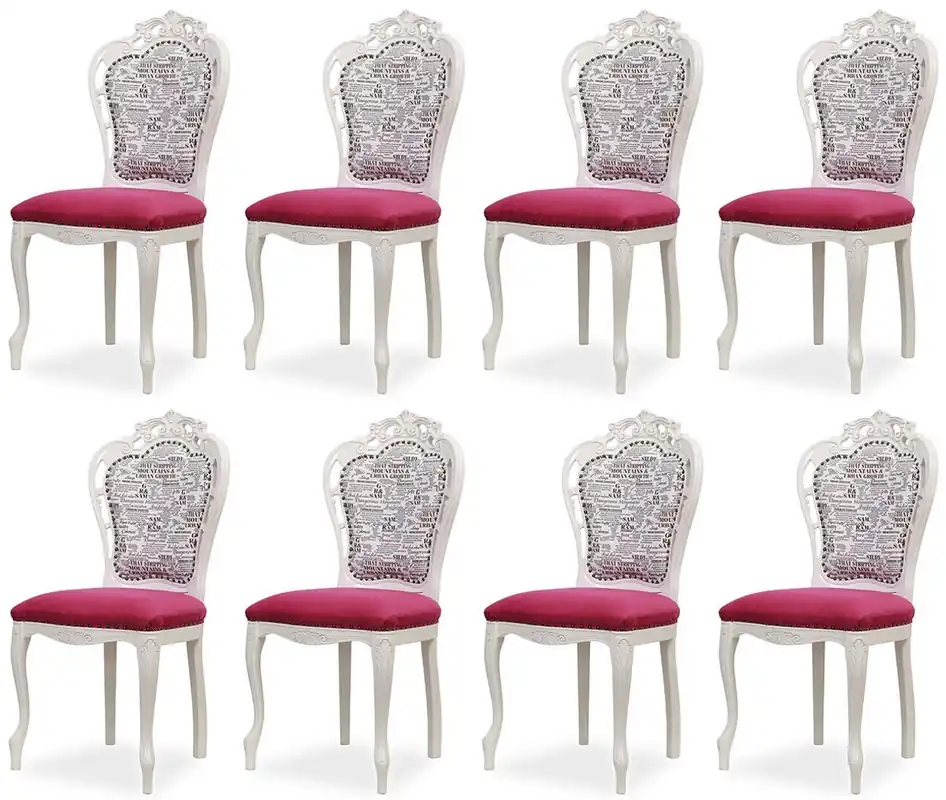 Casa Padrino luxury baroque dining chair set of 8 dark pink / black / white - Baroque style kitchen chairs - Magnificent luxury dining room furniture in baroque style Schnäppchen