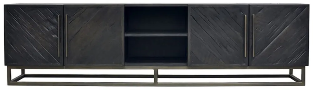 Casa Padrino luxury solid wood TV cabinet black / brass 220 x 43 x H. 60 cm - Rustic oak wood living room sideboard with 4 doors - Luxury rustic solid wood living room furniture Markenprodukt