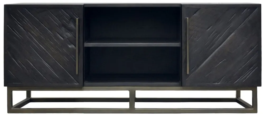 Casa Padrino luxury solid wood TV cabinet black / brass 160 x 43 x H. 60 cm - Rustic oak wood living room sideboard with 2 doors - Luxury rustic solid wood living room furniture Markenprodukt