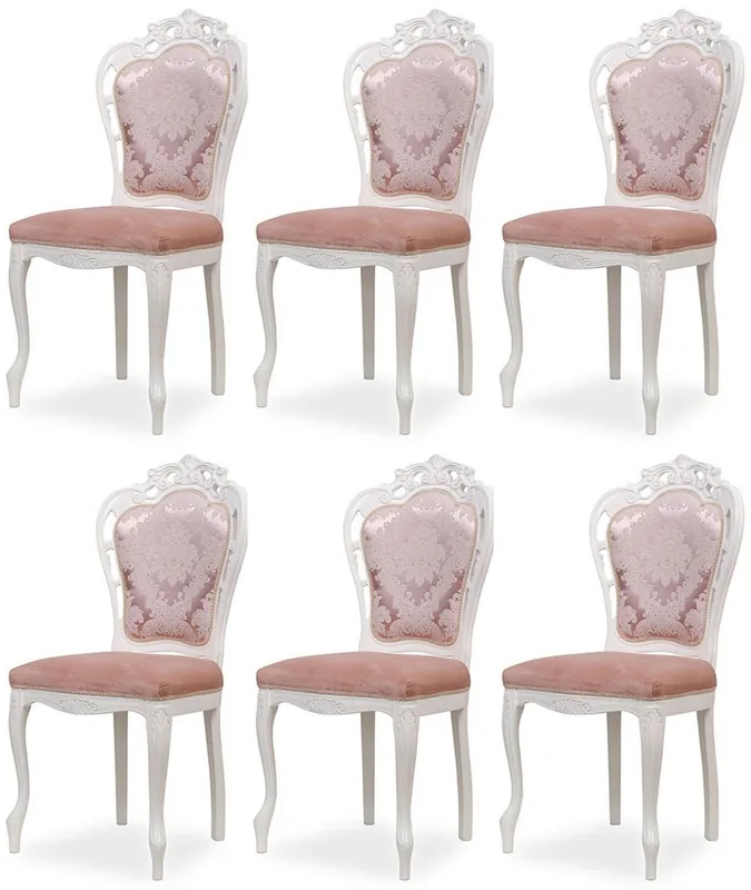 Expressversand Casa Padrino luxury baroque dining chair set of 6 with elegant pattern pink / white - Baroque style kitchen chairs - Magnificent luxury dining room furniture in baroque style