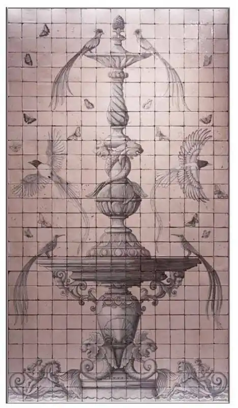 Direktkauf Casa Padrino luxury baroque decoration wall painting fountain & birds pink / gray 155 x H. 280 cm - Handmade & hand painted natural stone mosaic tiles - Baroque wall decoration