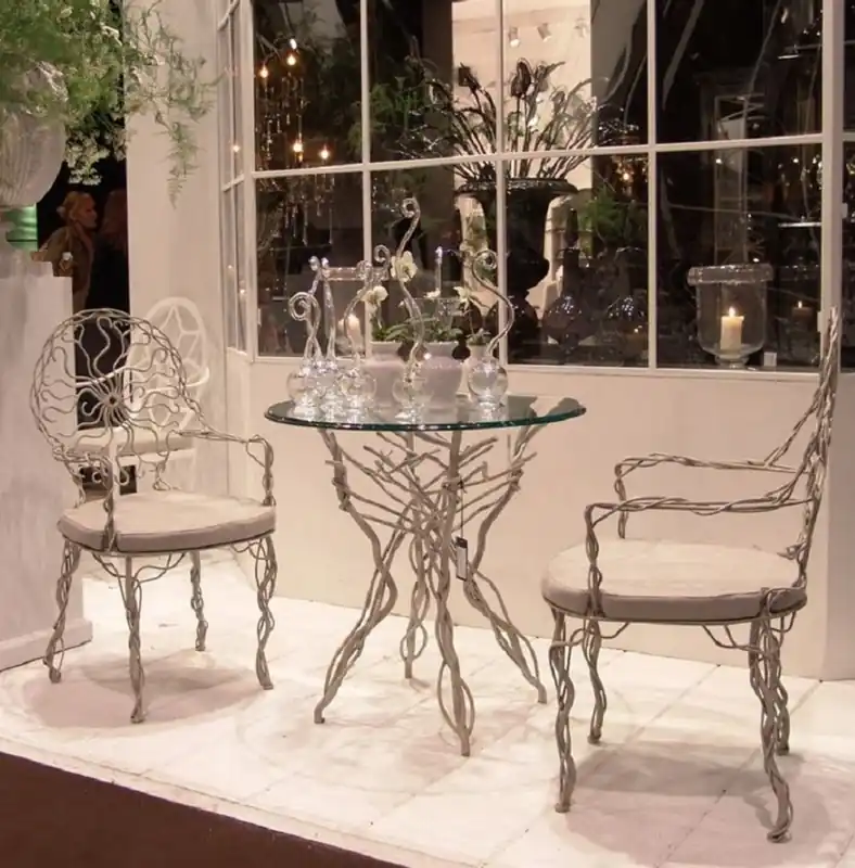 Casa Padrino luxury Art Nouveau wrought iron garden furniture set gray - 1 Round garden table with glass top & 2 garden chairs with armrests and seat cushions - Catering & garden furniture Abverkauf