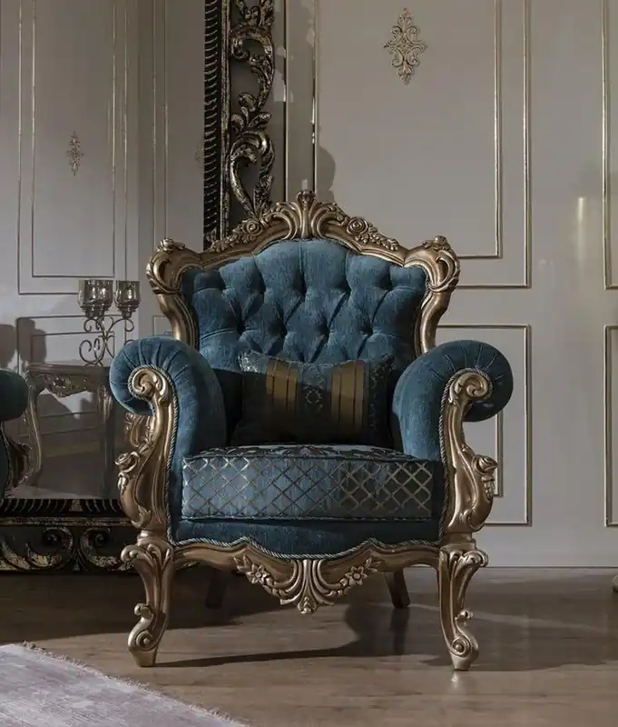 Casa Padrino fauteuil baroque de luxe bleu / or 97 x 90 x H. 115 cm - Fauteuil de salon avec motif élégant et coussin décoratif - Mobilier de salon baroque Neue Kollektion