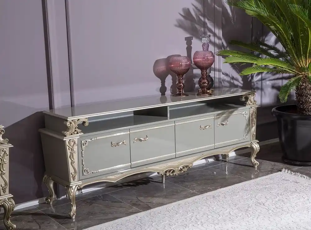 Casa Padrino armoire TV baroque de luxe gris / argent 205 x 48 x H. 77 cm - Magnifique meuble TV en bois massif - Mobilier de salon baroque Preisknaller