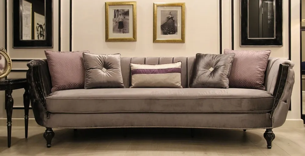 Casa Padrino canapé baroque de luxe gris / noir / argent 265 x 90 x H. 85 cm - Canapé de salon avec tissu de velours fin - Mobilier Baroque Markenware