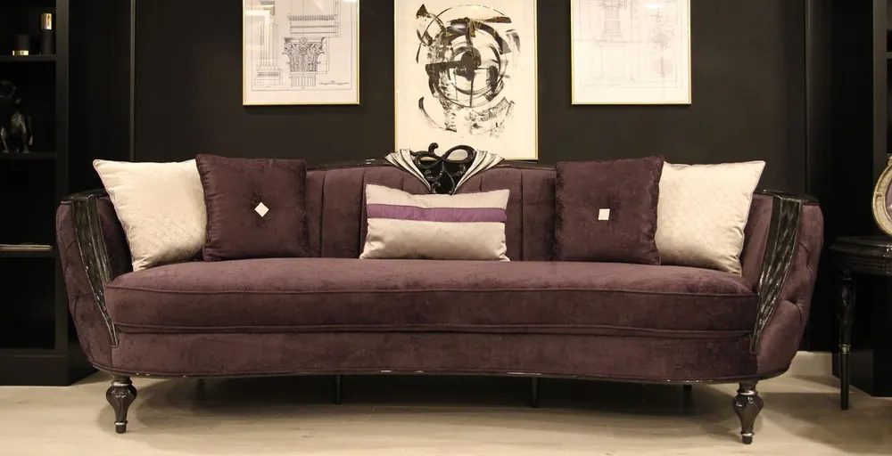 Casa Padrino canapé baroque de luxe violet / noir / argent 267 x 90 x H. 100 cm - Canapé de salon avec tissu de velours fin - Mobilier Baroque Bestseller
