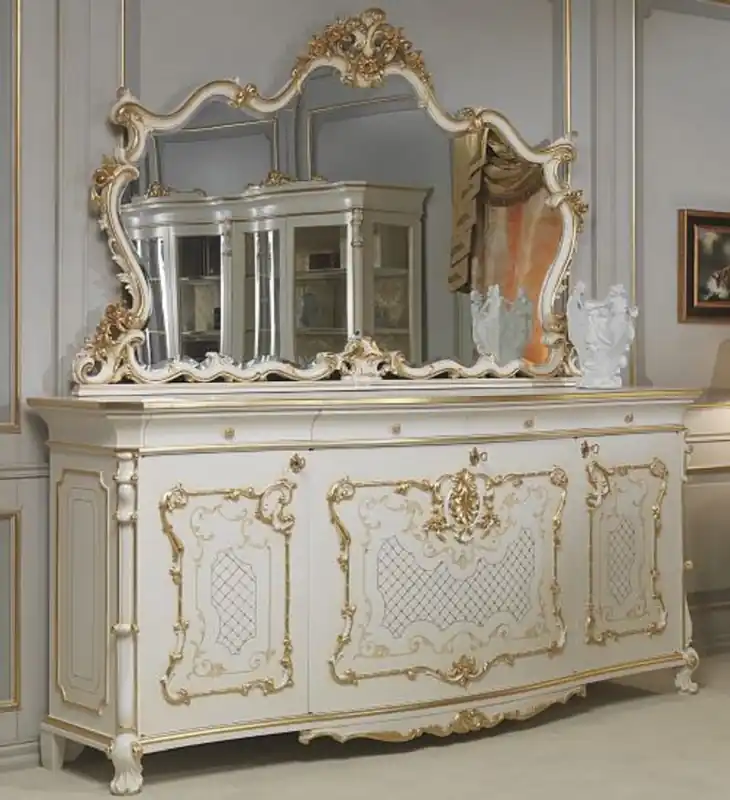 Top-Seller Casa Padrino ensemble de meubles baroques de luxe buffet avec miroir blanc / or - Armoire en bois massif noble avec miroir mural élégant - Mobilier de Château de Restaurant d'Hôtel - Qualité de luxe