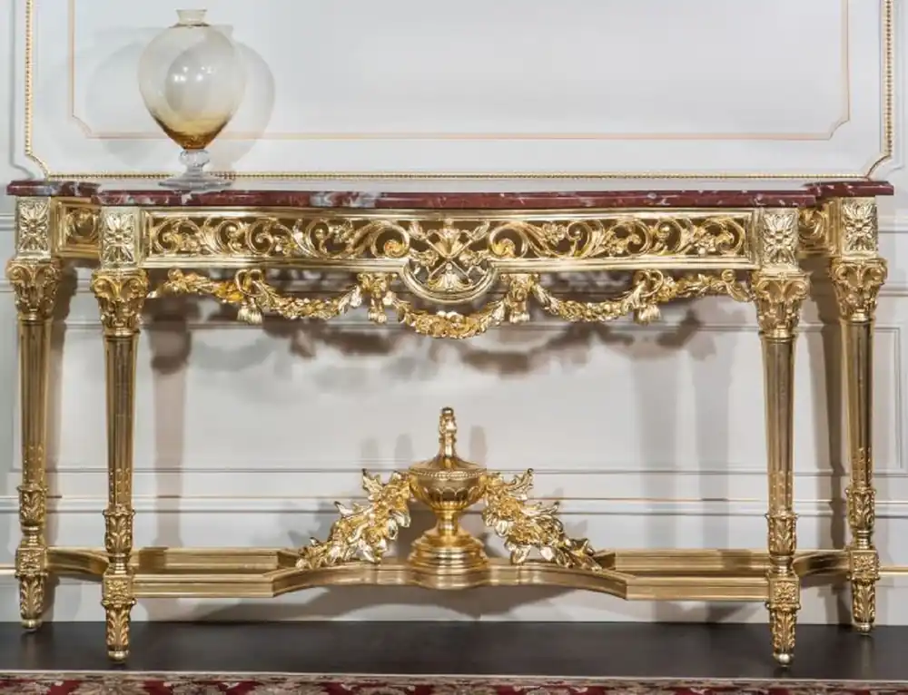 Jetzt Kaufen Casa Padrino console baroque de luxe or / rouge 200 x 48 x H. 93 cm - Magnifique table console sculptée à la main avec plateau en marbre - Mobilier Hotel Restaurant Castle - Qualité de Luxe