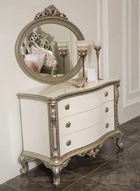Casa Padrino commode de chambre baroque de luxe avec miroir mural élégant blanc / argent - Armoire en bois massif avec miroir - Meubles de chambre de style baroque - Noble et Magnifique Neuheit