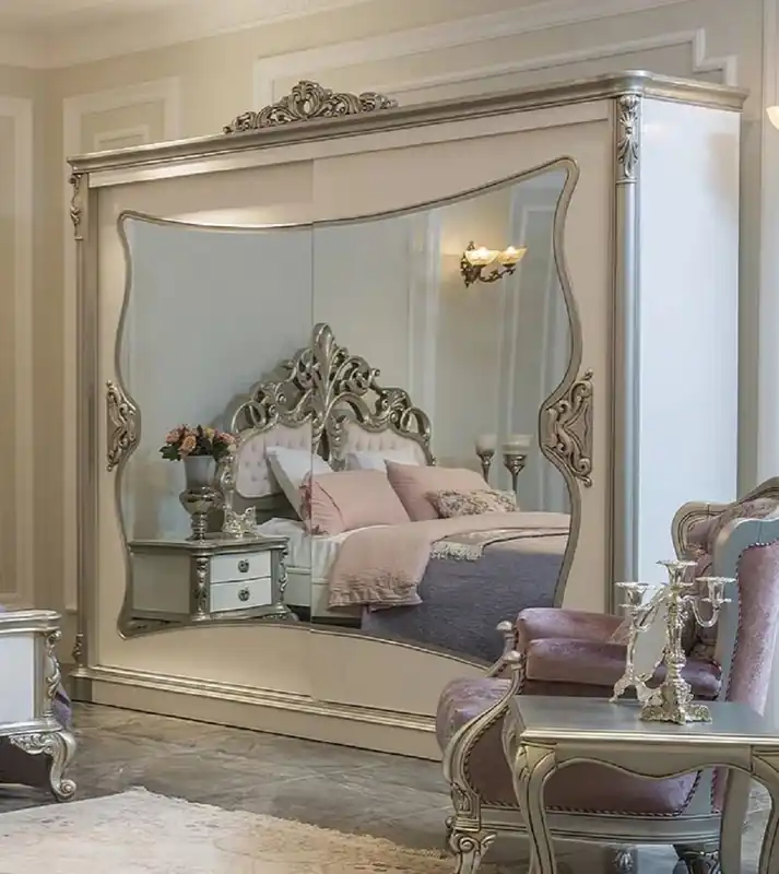 Casa Padrino armoire de chambre baroque de luxe blanc / argent 260 x 72 x H. 244 cm - Armoire en bois massif noble avec 2 portes coulissantes en miroir - Meubles de chambre de style baroque Ausverkauf