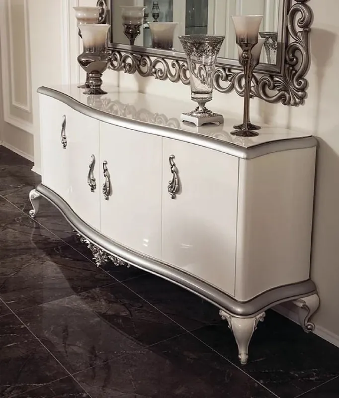 Casa Padrino buffet baroque de luxe blanc / argent 207 x 54 x H. 90 cm - Armoire en bois massif noble avec 4 portes - Meubles de style baroque Sonderaktion