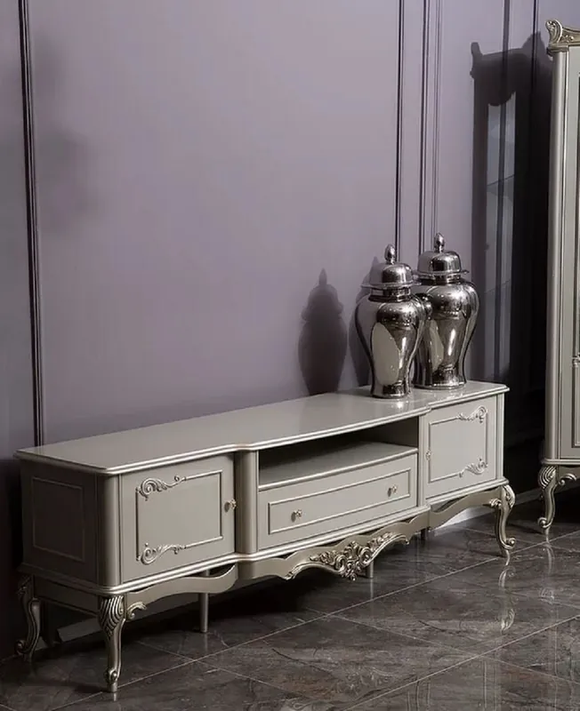 Knallerangebot Casa Padrino armoire TV baroque de luxe gris / argent 191 x 44 x H. 63 cm - Magnifique meuble TV en bois massif - Mobilier de salon baroque