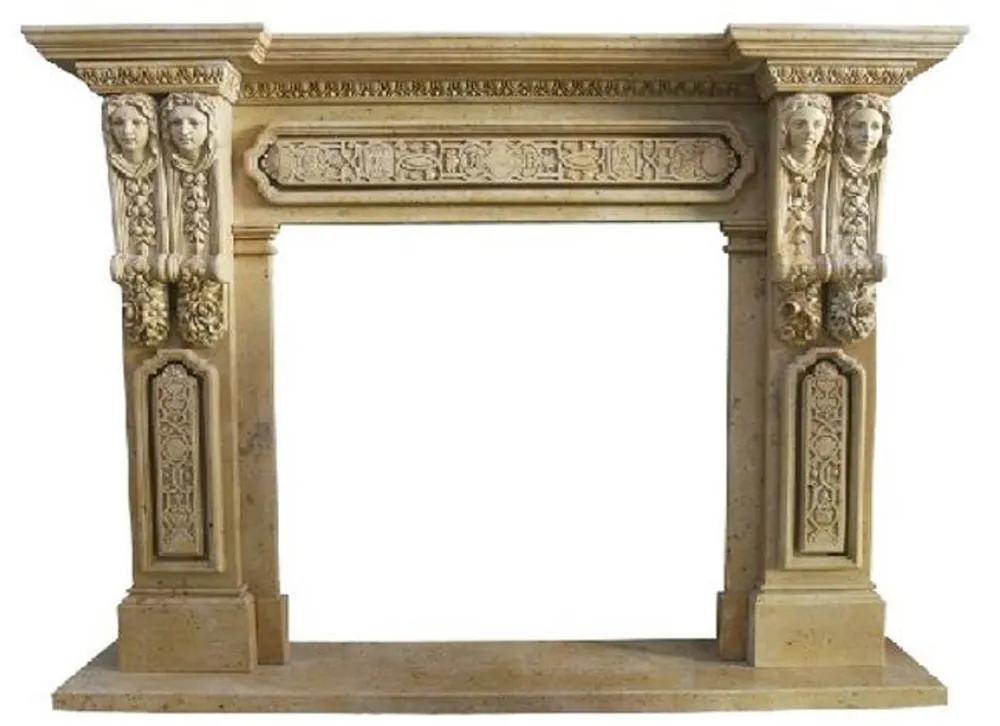 Casa Padrino cadre de cheminée baroque de luxe jaune 200 x 38 x H. 150 cm - Cadre de cheminée fait main en marbre de haute qualité - Accessoires de décoration de cheminée - Meubles en marbre baroque Preisknaller