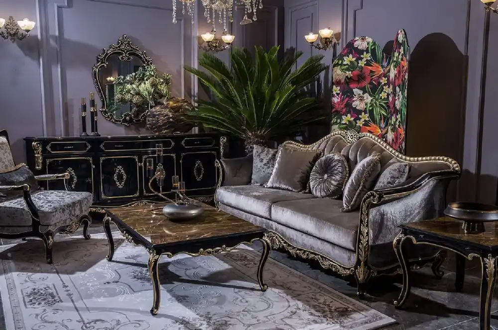 Bestseller Casa Padrino ensemble de salon baroque de luxe argent / noir / or - 2 Canapés Baroques & 2 Fauteuils Baroques & 1 Table Basse Baroque - Meuble de salon de style baroque - Meuble baroque