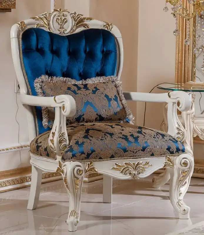 Saisonangebot Casa Padrino fauteuil baroque de luxe bleu / marron / blanc / or - Magnifique fauteuil de salon avec motif élégant - Meuble de salon de style baroque - Meuble de luxe de style baroque