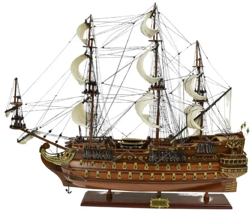 Sofort Bestellen Casa Padrino vaisseau amiral San Felipe marron foncé / marron / laiton 95 x 29 x H. 90 cm - Bateau décoratif espagnol fait main - Bateau en bois - Navire de guerre - Accessoires de décoration