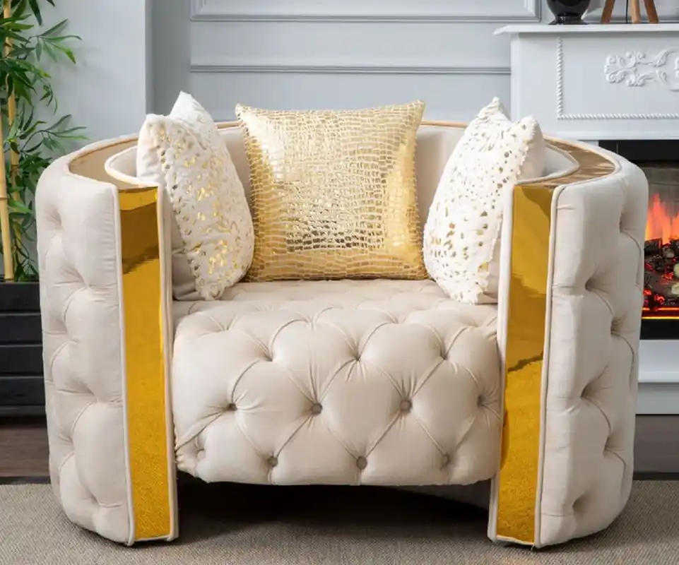 Bestseller Casa Padrino fauteuil Chesterfield de luxe crème / or 120 x 100 x H. 75 cm - Fauteuil de salon Chesterfield - Meuble de salon - Meuble Chesterfield - Meuble de luxe - Intérieur de luxe