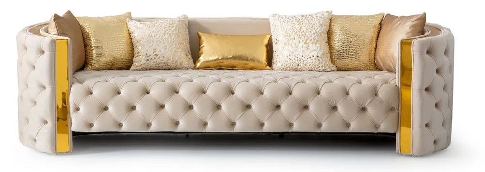 Sofort Bestellen Casa Padrino canapé 3 places Chesterfield de luxe crème / or 260 x 100 x H. 75 cm - Canapé de salon Chesterfield - Meuble de salon - Meuble Chesterfield - Meuble de luxe - Ameublement de luxe